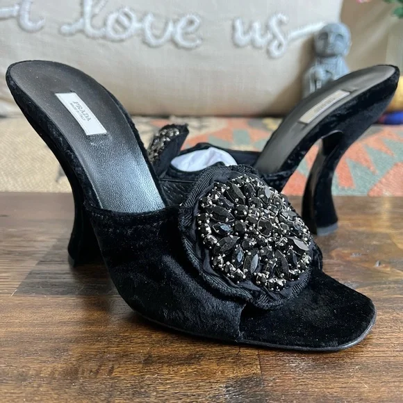 Prada (Worn Indoor Once) Black Velvet Crystal Flower Curved Heel Mules 37.5
